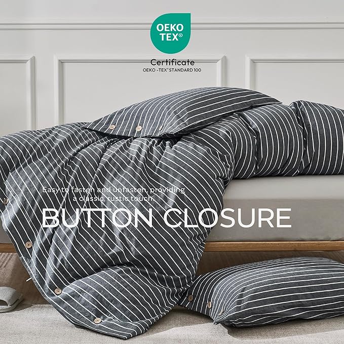 JELLYMONI Cotton Duvet Cover Cal King Size - Gray Pinstriped Comforter Cover with Button 100% Washed Cotton 3PCS Breathable Soft Bedding Set Duvet Cover 104×98in & 2 Pillowcases (NO Comforter)