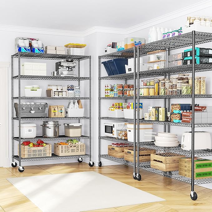 82" H X45 W X18 D Storage Shelves with Wheels, 6 Tier Wire Shelving Adjustable Metal Shelving Pantry Shelves Capacity 1200LBS for Garage Shelving, Pantry, Kitchen, Closet, Commercial, Black