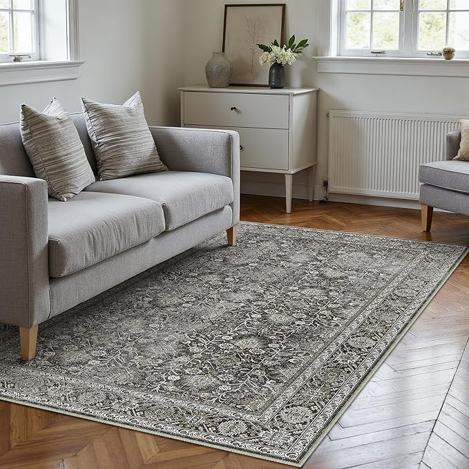 PureCozy Vintage Area Rug 4x6 Black Entryway Office Washable Carpet Non Slip Bedroom Indoor Living Room Door Mat Low Pile Traditional Distressed Retro Accent Rug for Dining Room Bathroom Kitchen