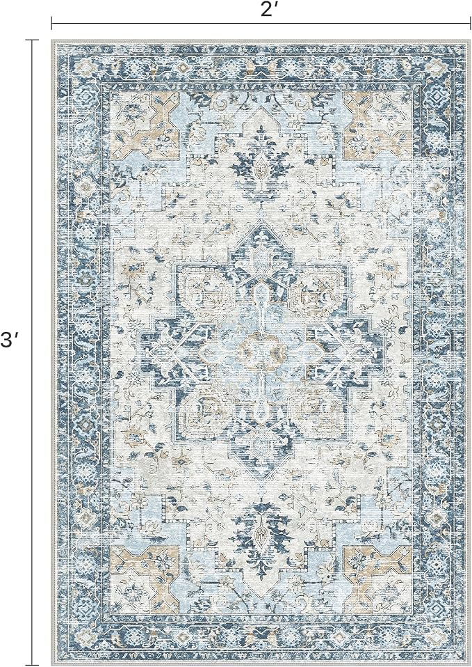 BESBLEE Area Rug 2x3 Doormat, Machine Washable Low Pile Vintage Rugs, Small Lightweight Rug Entryway Indoor Mat for Entrance, Hallway, Kitchen and Corridor, Blue