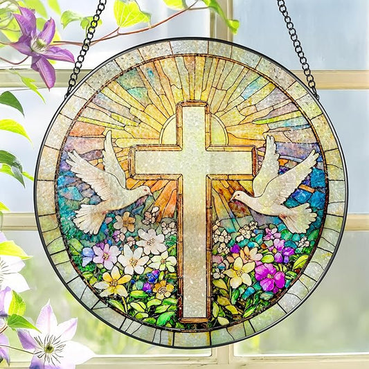 Cross and Wildflowers Stained Glass Suncatcher, 8 Inch Christian Stained Glass Windows Hanging, Flower Cross Gift for Religious, Christian Gifts, Easter Faith Home Decor
