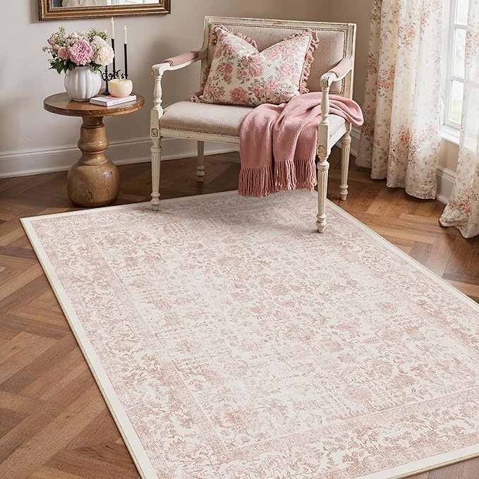 PureCozy Pink Area Rug 3x4 Office Entryway Rug Machine Washable Kitchen Vintage Distressed Non Slip Carpet Indoor Retro Floral Accent Throw Door Mat for Bathroom Bedroom Dining Living Room