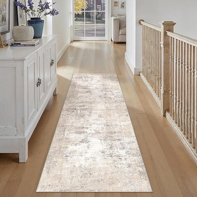 WondRg 2x8 Washable Runner Rug Beige Grey Abstract Hallway Kitchen Throw Rug Neutral Modern Non Slip Soft Low Pile Carpet for Bathroom Laundry Bedroom Living Room