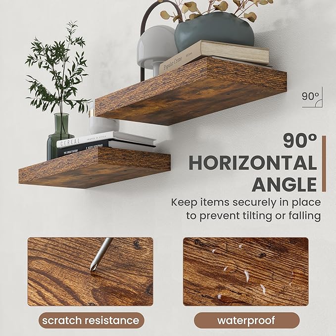 24 Inch Floating Shelves, 8 Inch Deep Floating Shelves for Wall, Hanging Shelf with Invisible Brackets, Deep Shelves for Bathroom, Bedroom, Living Room, Brown, Set of 2