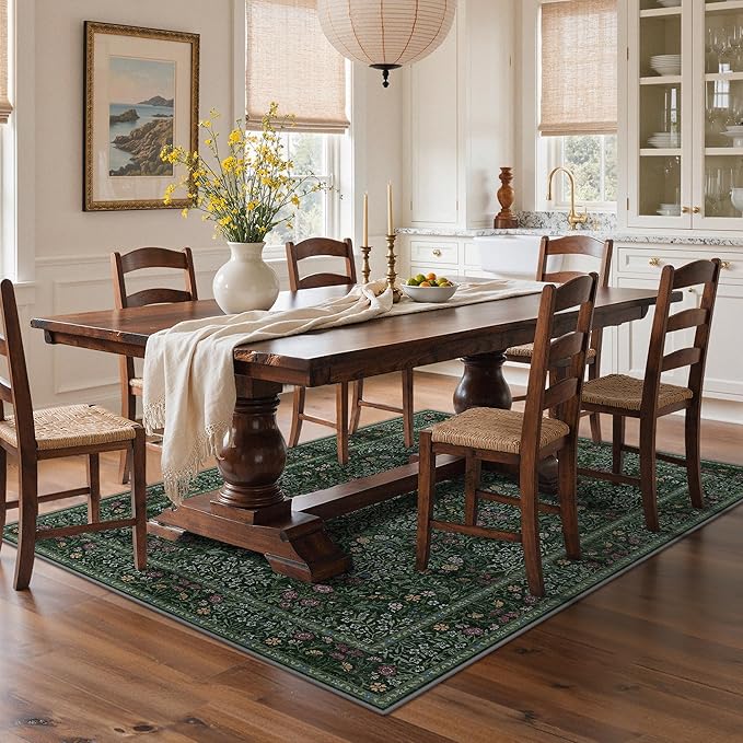 GENIMO 5x7 Area Rug for Living Room, Washable Vintage Floral Low-Pile Non-Slip Carpet for Bedroom Dining Room, Stain Resistant Botanical Accent Rug (Dark Green)