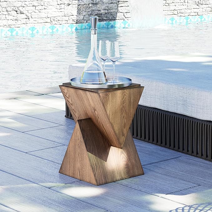 COZAYH Modern Geometric Wood Grain End Table with Structural Design, Farmhouse Side Table with Sculptural Pedestal Base for Living Room, Bedroom, Office, Fully Assembled (Natural)