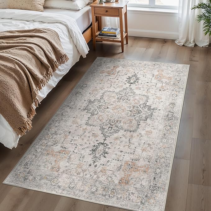 BESBLEE 4x6 Area Rugs for Living Room, Machine Washable Low Pile Vintage Rugs, Non Slip Lightweight Print Rug for Bedroom, Dining Room, Home Office, Light Taupe Brown