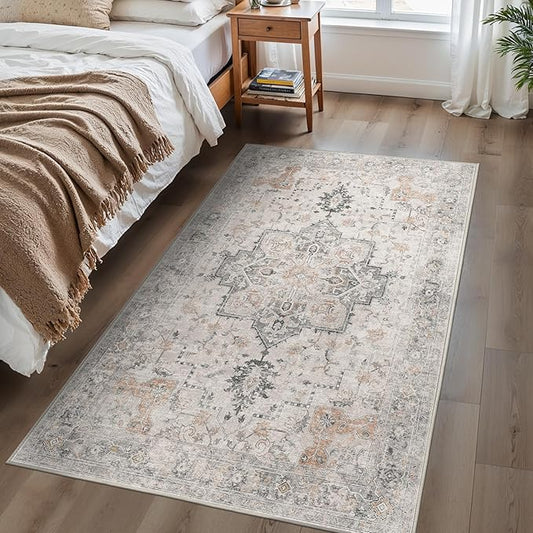 BESBLEE 4x6 Area Rugs for Living Room, Machine Washable Low Pile Vintage Rugs, Non Slip Lightweight Print Rug for Bedroom, Dining Room, Home Office, Light Taupe Brown