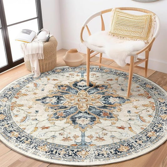 RELEANY Area Rugs 4ft Washable Non-Slip, Floral Vintage Distress Print Pattern Medallion Carpet for Living Room Bedroom Dining Room, Beige Navy Blue Orange Colorful
