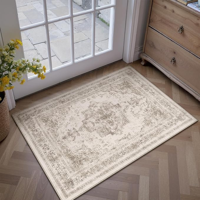 PureCozy Area Rug 2x3 Beige Washable Entryway Vintage Medallion Carpet Non Slip Low Pile Soft Doormat Distressed Retro Indoor Small Rug for Kitchen Bedroom Laundry Bathroom
