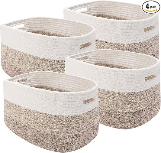 4 Pack Woven Storage Baskets for Organizing - Cotton Rope Baskets for Closet, Toys, Books, Towels, Durable Storage Bins for Shelves, Living Room, Bedroom, 12.7''Lx9''Wx7.8''H (Khaki, 12.7")