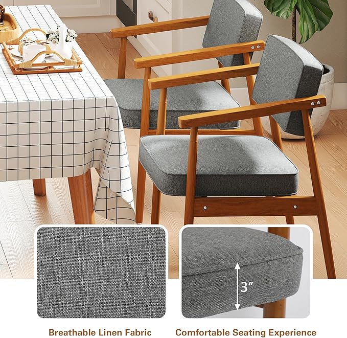 LSSPAID Mid Century Dining Chair Set of 1, Grey Fabric Upholstered with Walnut Finished Handrails Comfy Backrest, Farmhouse Dining Room Chairs for Kitchen, Living Space & Restaurant