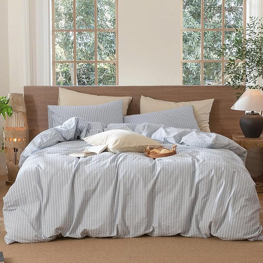 MooMee Striped Duvet Cover Set 100% Washed Cotton Linen Like Textured Breathable Durable Soft Comfy (Cornflower Blue White Wide Stripes, Super King 108"x98")