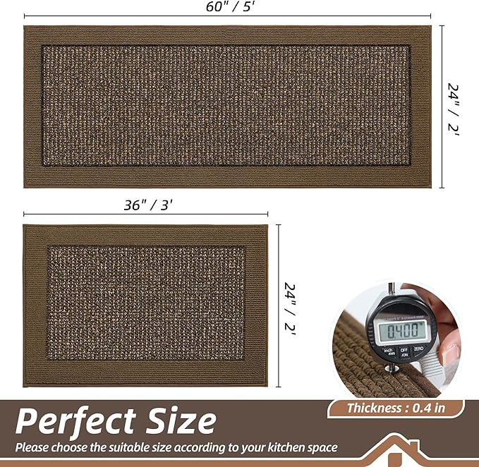 BEQHAUSE Kitchen Rugs and Mats Set of 2 Non-Slip Kitchen Mats for Floor, Absorbent and Stain Resistant Kitchen Runner, Machine Washable Rugs for Kitchen, Laundry & Sink, 24"x36"+24"x60", Brown