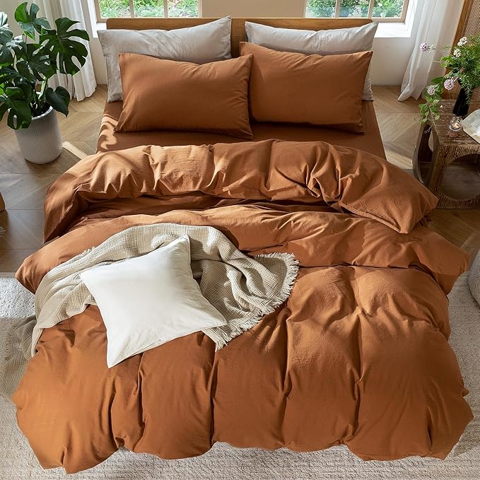 MooMee Bedding Duvet Cover Set 100% Washed Cotton Linen Like Textured Breathable Durable Soft Comfy (Solid Dark Orange, Queen 90"x90")