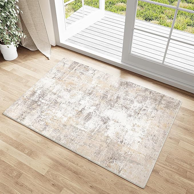 WondRg 2x3 Washable Area Rug Beige Grey Abstract Entryway Kitchen Throw Rug Neutral Modern Non Slip Soft Low Pile Small Carpet for Bathroom Living Room Bedroom