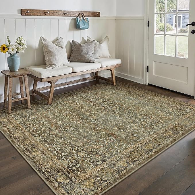 PureCozy Area Rug 5x7 Brown Living Room Washable Vintage Carpet Non Slip Indoor Retro Traditional Accent Throw Large Rug for Office Kitchen Bedroom Dining Room