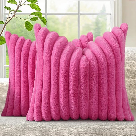 decorUhome Faux Fur Spring Throw Pillow Covers 18x18 Set of 2 Decorative Soft Plush Striped Neutral Couch Pillow Covers with Velvet Back for Sofa Bed Living Room Home Valentines, Hot Pink