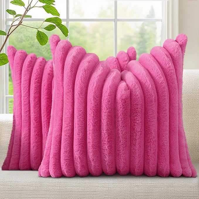 decorUhome Faux Fur Spring Throw Pillow Covers 24x24 Set of 2 Decorative Soft Plush Striped Neutral Couch Euro Sham Pillow Covers with Velvet Back for Sofa Bed Living Room Home Valentines, Hot Pink