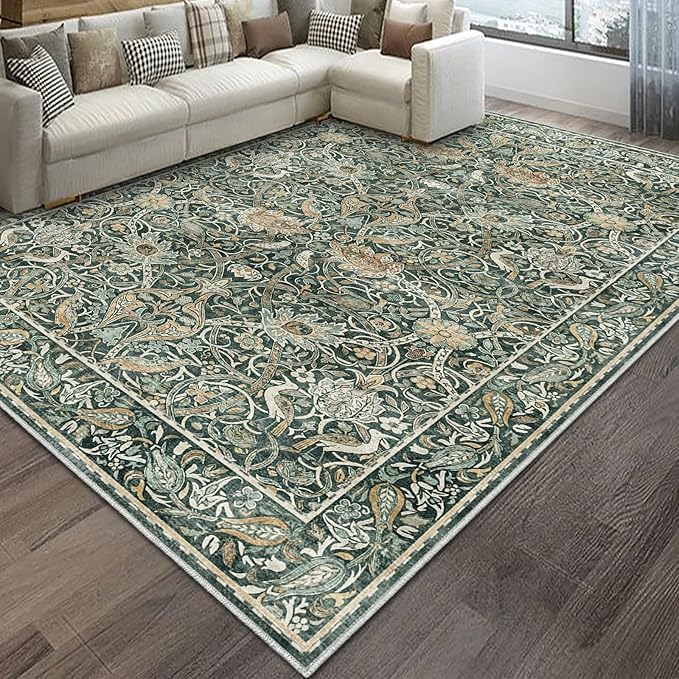 Fortsea Large 8x10 Dark Green Area Rug, Low Pile Washable Non-Slip Carpet, Vintage Design for Spacious Living Room（8x10 Dark Green）