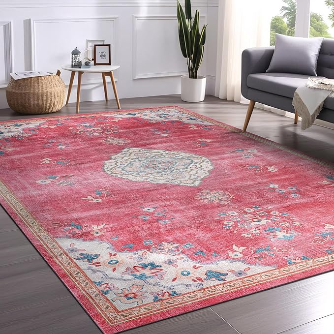 Beverly Rug Non Slip Rugs 6x9 Boho Medallion Floral Non Skid Rubber Backing Easy Silk Soft Area Rug for Living Room Easy to Clean Non Shedding Kitchen Bedroom Indoor Carpet (6 x 9 Fuchsia - Cream)