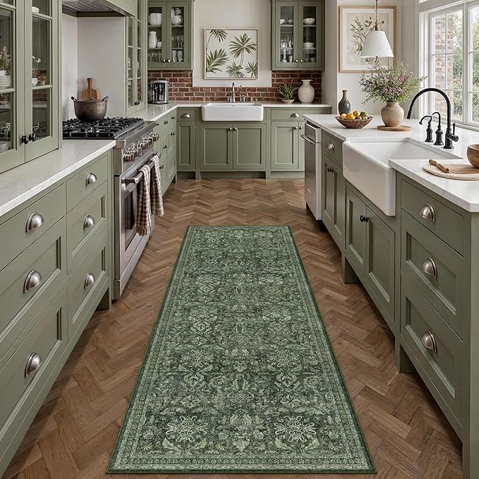 PureCozy Dark Green 2x6 Runner Rug Washable Hallway Kitchen Vintage Carpet Indoor Non Slip Small Low Plie Thin Bedroom Bathroom Rug Retro Accent Throw Dining Living Room