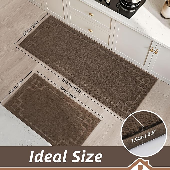 BEQHAUSE Kitchen Rugs Non-Slip Washable Rug Sets of 2, Machine Washable Kitchen Mats Absorbent Soft Kitchen Runner Rugs for Floor, Sink, Hallway, Laundry, 24"x36"+24"x60", Brown