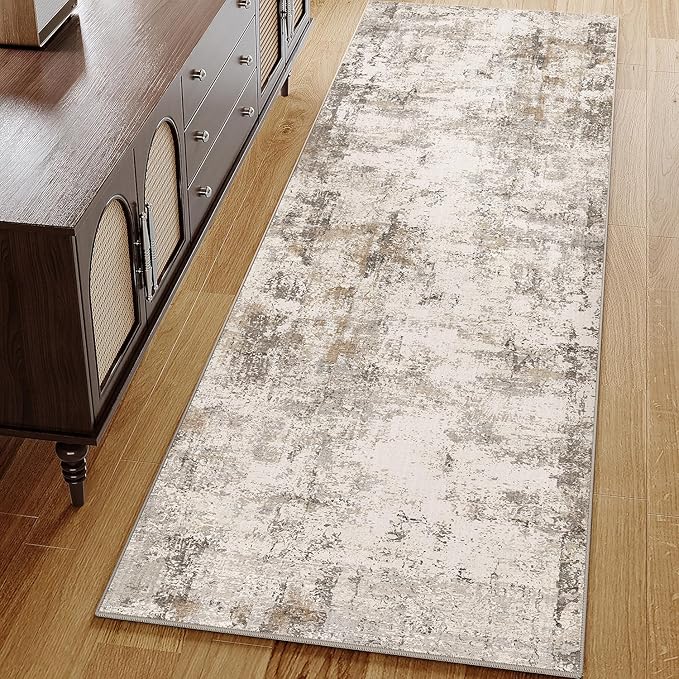 WondRg 2x6 Washable Runner Rug Brown Grey Abstract Hallway Kitchen Throw Rug Neutral Modern Non Slip Soft Low Pile Carpet for Bathroom Laundry Bedroom Living Room