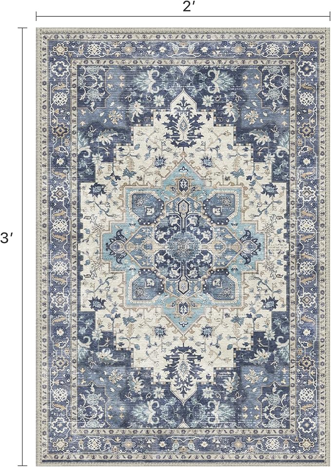 BESBLEE Area Rug 2x3 Doormat, Machine Washable Low Pile Vintage Rugs, Small Lightweight Rug Entryway Indoor Mat for Entrance, Hallway, Kitchen and Corridor, Center Blue