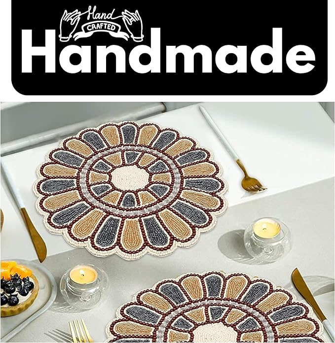 Beaded Charger 13 inch Placemats Round – Floral Calendula Design in Grey Gold Ivory, Handmade Dining Table Mat, Holiday, Christmas, Wedding, Decorative Table Bedding Craft