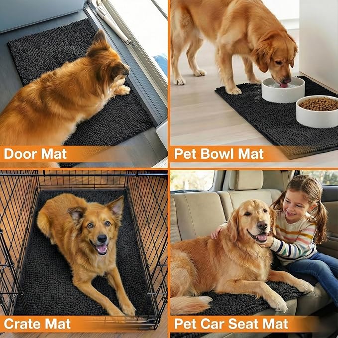 Neater Pets Chenille Dog Door Mat 24” x 17” – Super Absorbent & Quick-Dry Muddy Paws Doormat for Trapping Dirt, Water, Mud - Non-Slip & Machine Washable Pet Rugs for Entryway, Indoor Mud Mats, Black