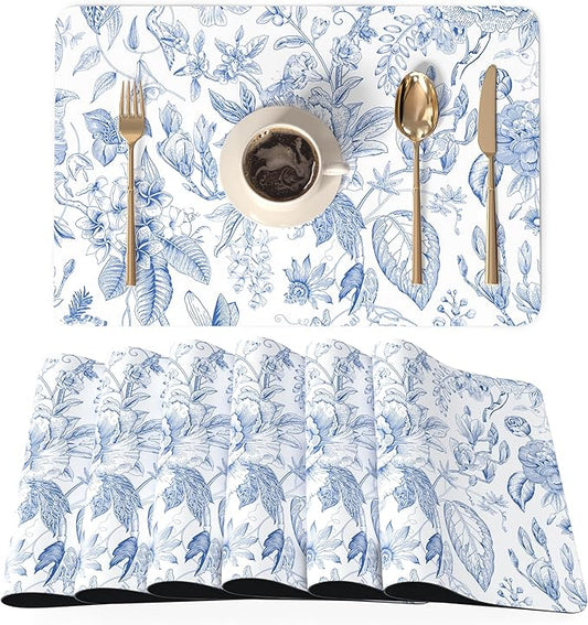 QIYI Placemats Set of 6, 12x18 Inch Faux Leather Place Mats for Kitchen Dinning, Heat Resistant Anti Slip Floral Table Mats, Waterproof Wipeable Washable Placemat Party Table Décor, Blue Flowers