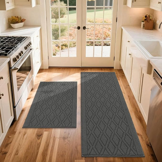 COSY HOMEER 60x24Inch/35X24Inch Kitchen Rugs Sets Non-Slip Washable Kitchen Mats for Floor Polypropylene Absorbent Kitchen Runner for Kitchen Sink Hallway Entryway(Grey)