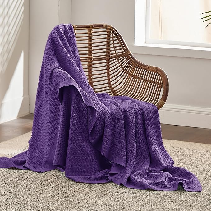 Bedsure Gentlesoft 100% Cotton Large Throw Blanket for Couch 50x70 inches - Breathable and Soft for Spring Summer, Waffle Weave Throw Blanket for Office, Purple