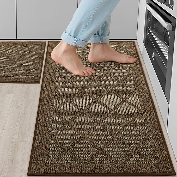 COSY HOMEER Kitchen Mats, 2 PCS Kitchen Rug Non Slip Washable, Absorbent Runner Rugs for Kitchen Floor, 100% Polypropylene Kitchen Sink Rug 20"x32" + 20"x48"(Brown)