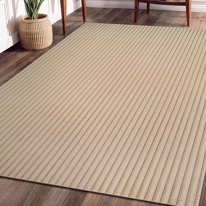Beverly Rug Non Slip Area Rug 5 x 7 Modern Durable Ultra Soft Ribbed Indoor Rugs for Living Dining Room Office Stain Resistant Non Shedding Casual Easy Shag Indoor Carpet Beige 5x7