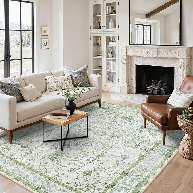 BESBLEE 5x7 Area Rugs for Living Room, Machine Washable Rug, Non Slip Vintage Rugs, Low Pile Lightweight Print Rug for Bedroom, Dining Room, Home Office, Cream Green