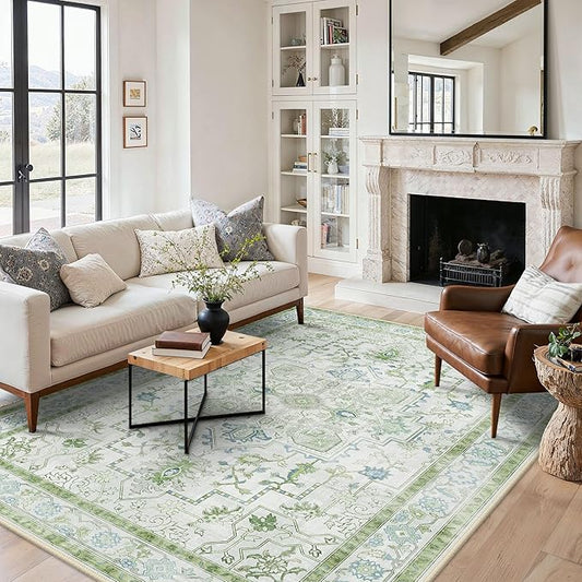 BESBLEE 5x7 Area Rugs for Living Room, Machine Washable Rug, Non Slip Vintage Rugs, Low Pile Lightweight Print Rug for Bedroom, Dining Room, Home Office, Cream Green
