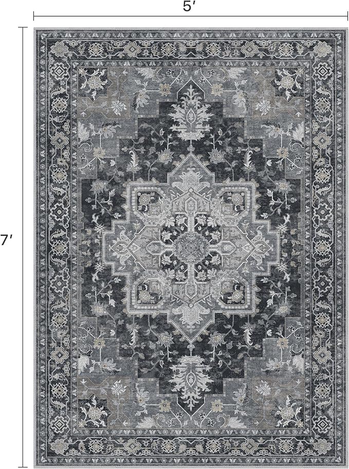 BESBLEE 5x7 Area Rugs for Living Room, Machine Washable Rug, Non Slip Vintage Rugs, Low Pile Lightweight Print Rug for Bedroom, Dining Room, Home Office, Dark Gray
