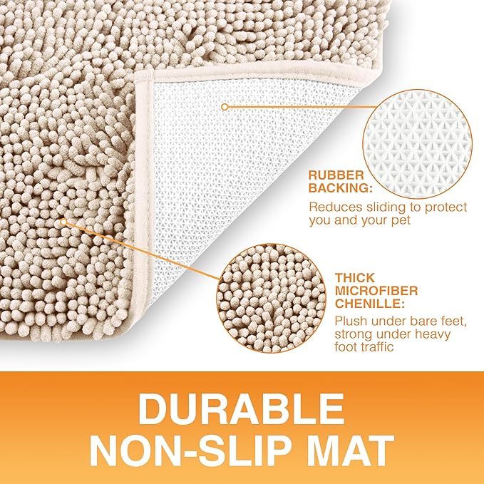 Neater Pets Chenille Dog Door Mat 24” x 17” – Super Absorbent & Quick-Dry Muddy Paws Doormat for Trapping Dirt, Water, Mud - Non-Slip & Machine Washable Pet Rugs for Entryway, Indoor Mud Mats, Beige