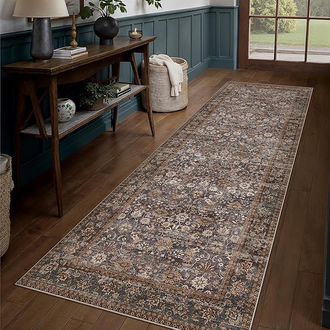 HUGEAR 2x6 Runner Rug Machine Washable Tradition Brown Hallway Area Rugs Indoor Accent Rugs Floral Low Pile Carpet Distressed Throw Rug Bedroom Living Room Office Dining Kitchen Laundry Non Slip
