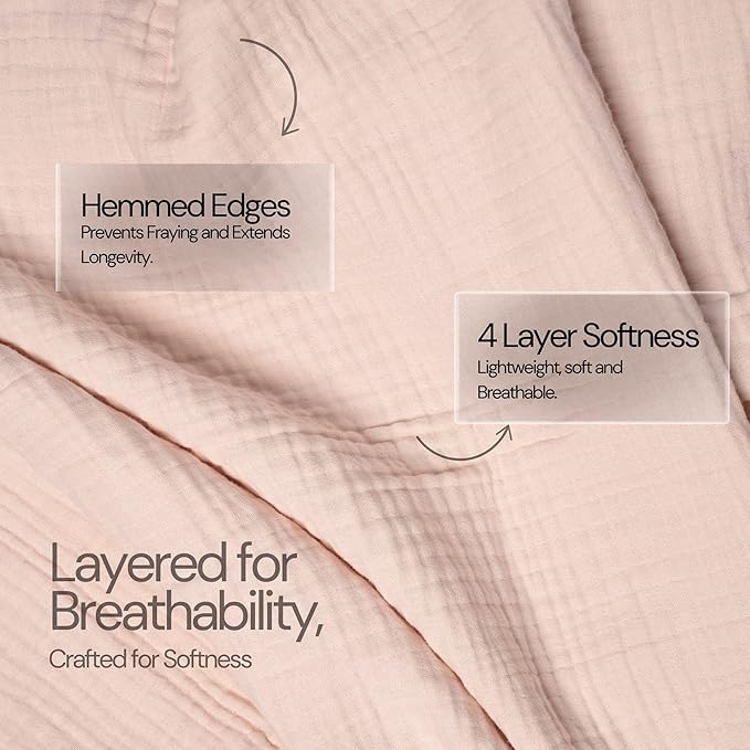 Salt Earth 100% Cotton Muslin Throw Blanket, 80"X90" Queen 4 Layered Gauze Blanket Throw for Couch, Bed, Living Room, Home, Light Christmas Blankets and Throws for Christmas Gifts (Rose Dust)