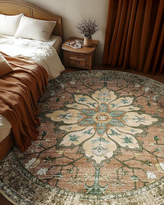 RELEANY Area Rugs 6ft Washable Non-Slip, Floral Vintage Distress Print Pattern Medallion Carpet for Living Room Bedroom Dining Room, Brick Red Rust Neutral Brown Burnt Orange