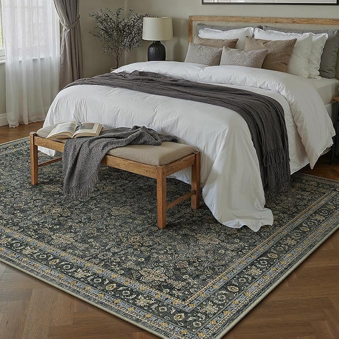 PureCozy 8x10 Area Rug for Living Room Black Vintage Washable Bedroom Carpet Traditional Distressed Soft Non Slip Indoor Large Accent Rug Retro Thin Low Pile Floor Cover for Dining Room Playroom