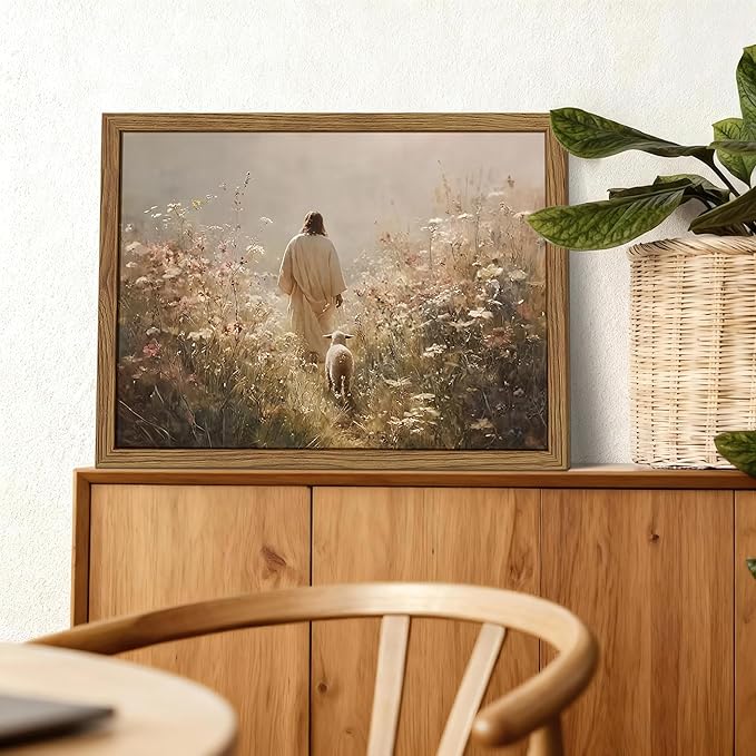 Framed Jesus Leaves the 99 Sheep Canvas Wall Art, Christian Canvas Wall Decor, The Lost Sheep Posters Prints Home Decor for Living Room Bedroom Church Prayer 16x24 inch