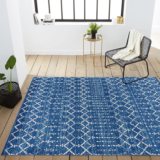 JONATHAN Y Boho Vintage Diamond Blue/White Indoor Area Rug 5X8 ft, Moroccan Hype for Living Room, Bedroom, Kitchen, Office, Easy-Cleaning, High Traffic, Pet-Friendly, Non-Shedding (MOH101A-5)