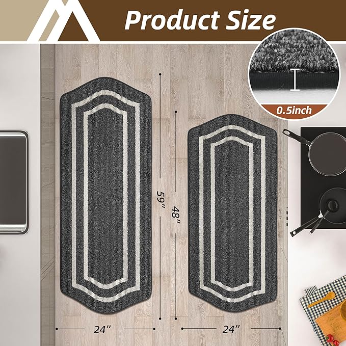 COSY HOMEER Kitchen Rugs and Mats Sets of 2PCS Non Slip Kitchen Mats for Floor Washable Kitchen Runner Stain Resistant Standing Mat for Kitchen,Sink,24"x48"+24"x59",Black