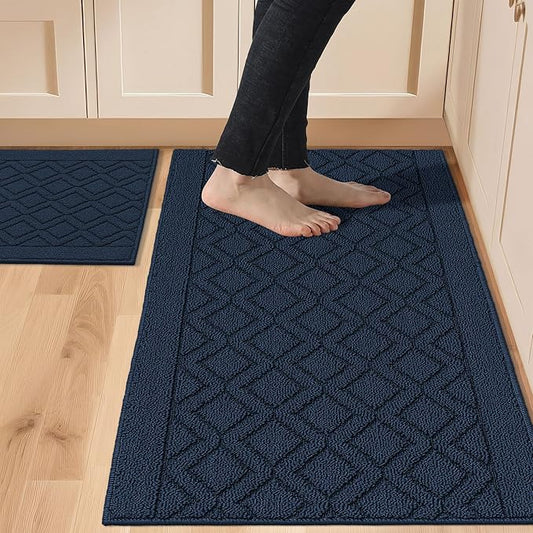 COSY HOMEER 48x20Inch/30X20Inch Kitchen Rugs Sets Non-Slip Washable Kitchen Mats for Floor Polypropylene Absorbent Kitchen Runner for Kitchen Sink Hallway Entryway,Navy Blue