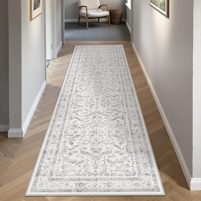 PureCozy Grey 2x8 Runner Rug Vintage Area Carpet Hallway Indoor Kitchen Washable Low Pile Traditional Distressed Retro Accent Throw Rug Non Slip for Laundry Bathroom Office
