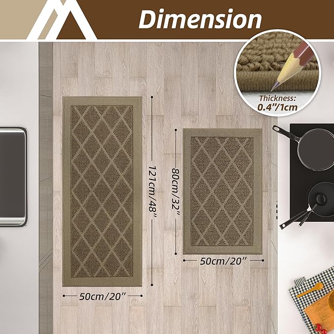 COSY HOMEER Kitchen Mats, 2 PCS Kitchen Rug Non Slip Washable, Absorbent Runner Rugs for Kitchen Floor, 100% Polypropylene Kitchen Sink Rug 20"x32" + 20"x48"(Beige)